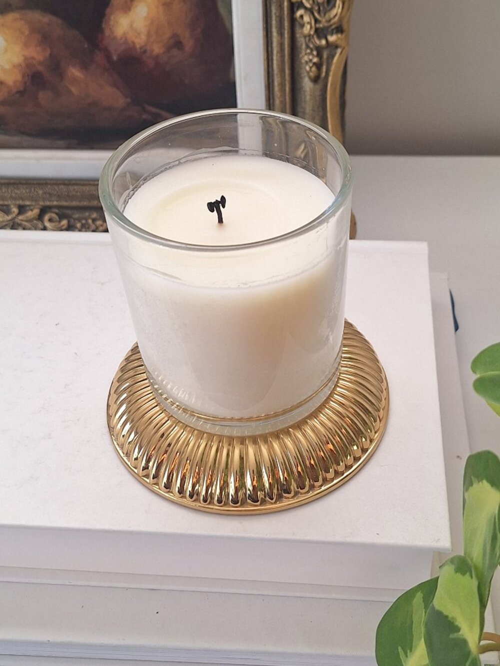 Vintage Lacquered brass pillar / single wick candle holder Partylite scalloped